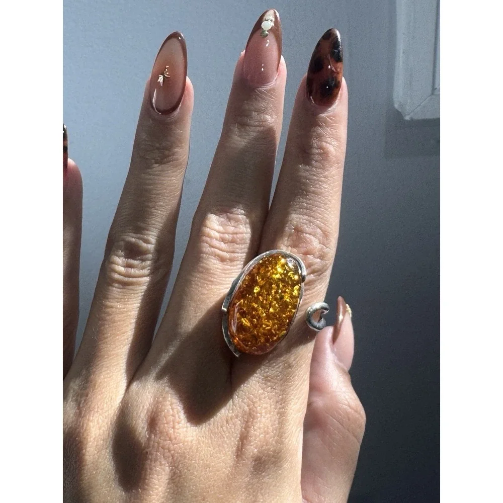 Vintage 925 Sterling Silver & Baltic Amber‎ Ring Sz 8 ADJUSTABLE